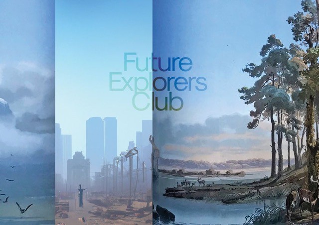 Illustration des Future Explorers Club mit Stadtlandschaft, Küste und Bäumen